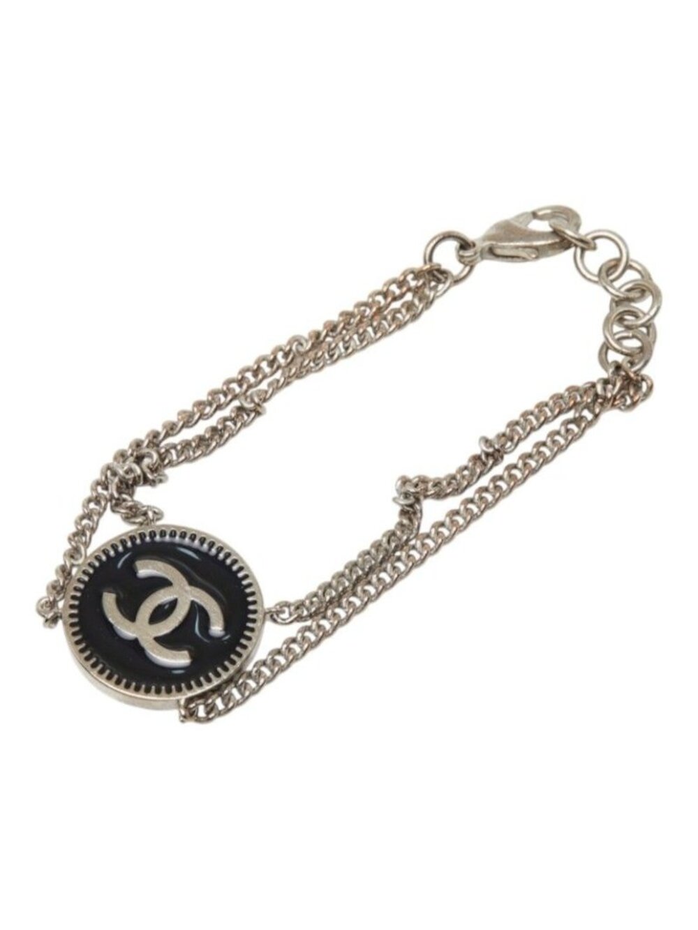 Chanel CC Logo Coco Medal Chain Bracelet Round Silver Black Metal